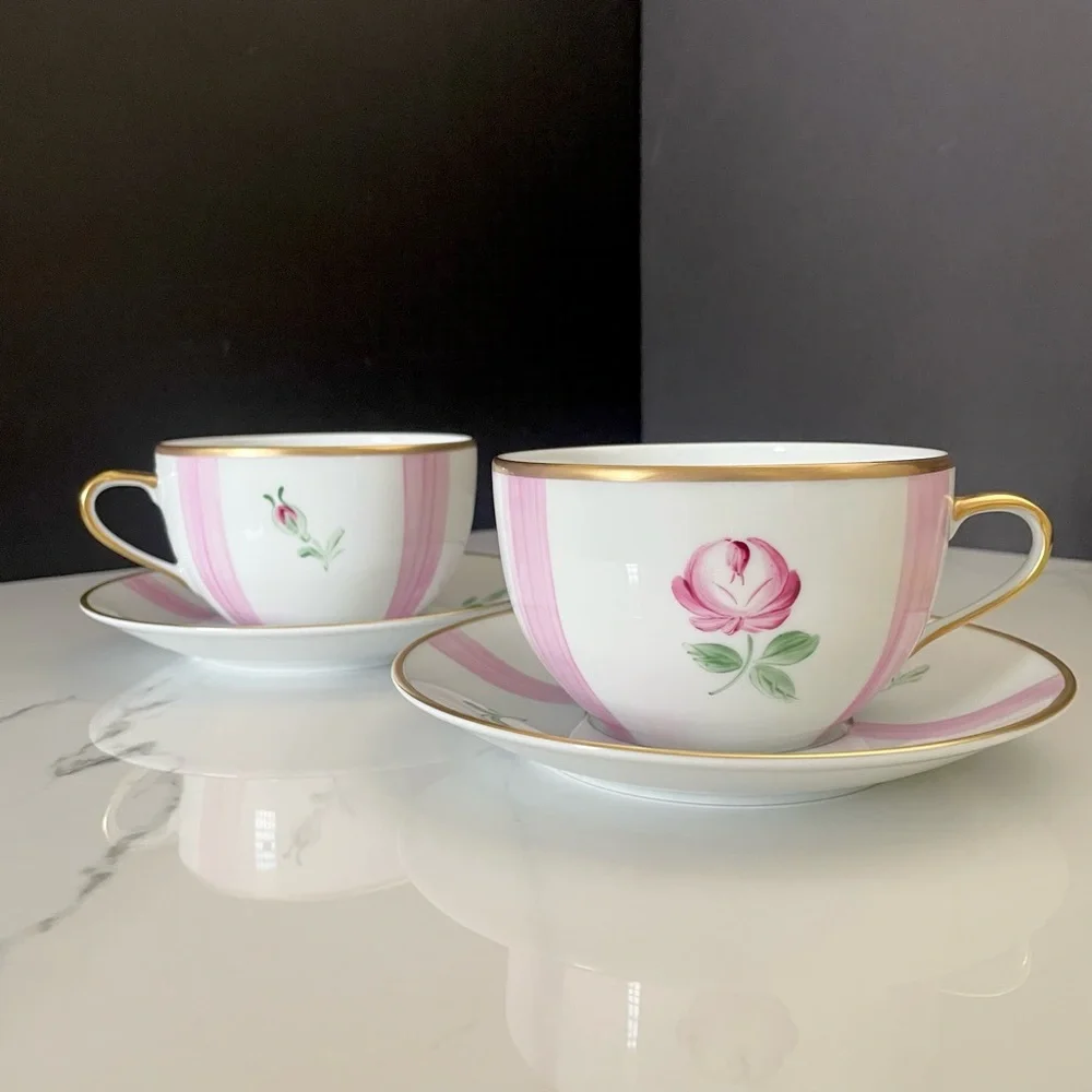 SET of 2 Pink Rose Breakfast Cups & Saucers - Marie Daage Limoges